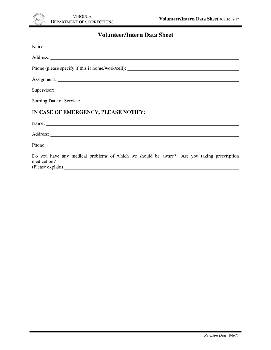 Form 5 Volunteer / Intern Data Sheet - Virginia, Page 1