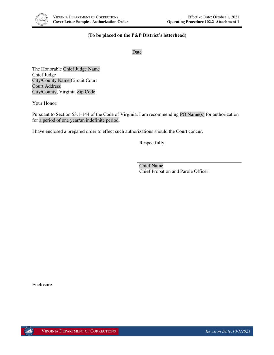 Attachment 1 Cover Letter Sample - Authorization Order - Virginia, Page 1