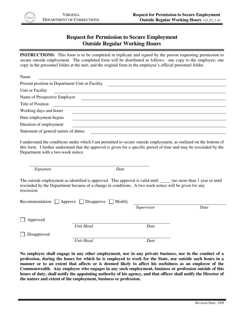 Form 2 Request for Permission to Secure Employment Outside Regular Working Hours - Virginia