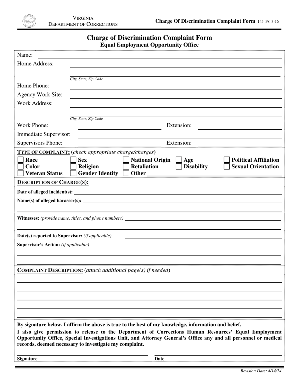 Form 8 Charge of Discrimination Complaint Form - Virginia, Page 1