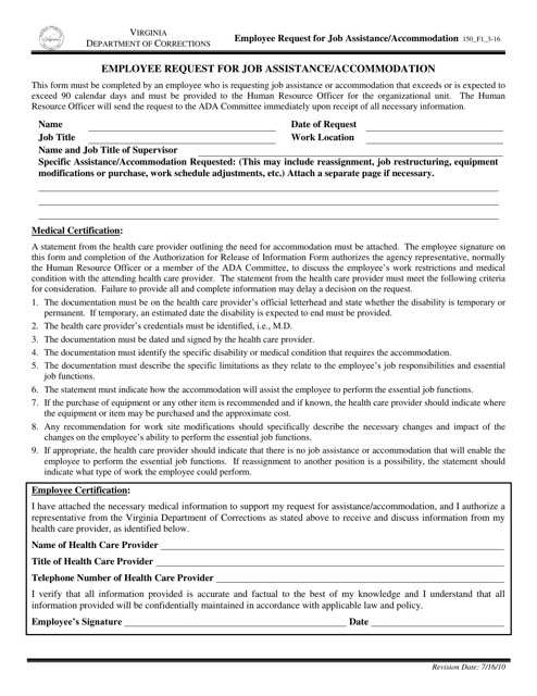 Form 1 Employee Request for Job Assistance/Accommodation - Virginia