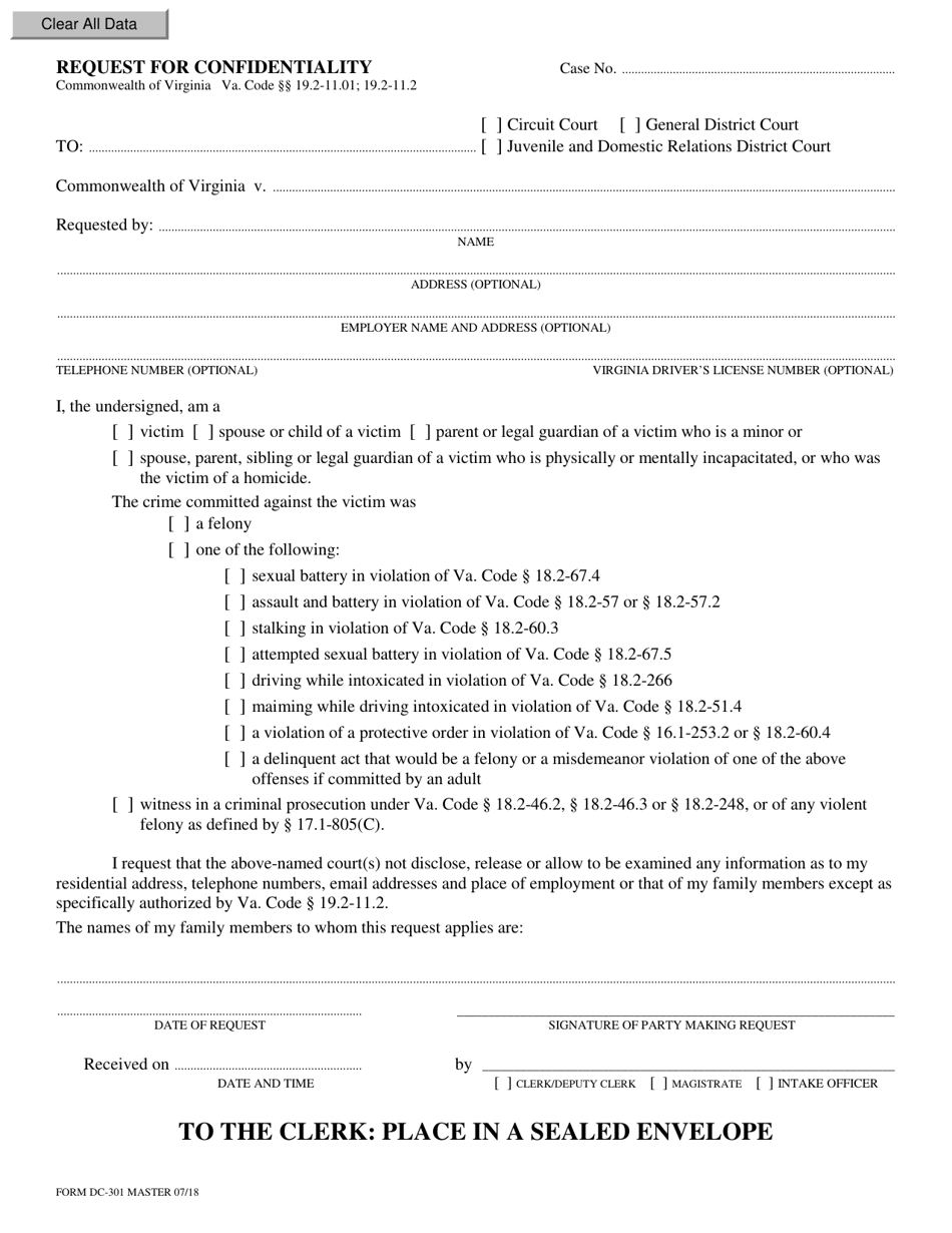 Form DC-301 Request for Confidentiality - Virginia, Page 1