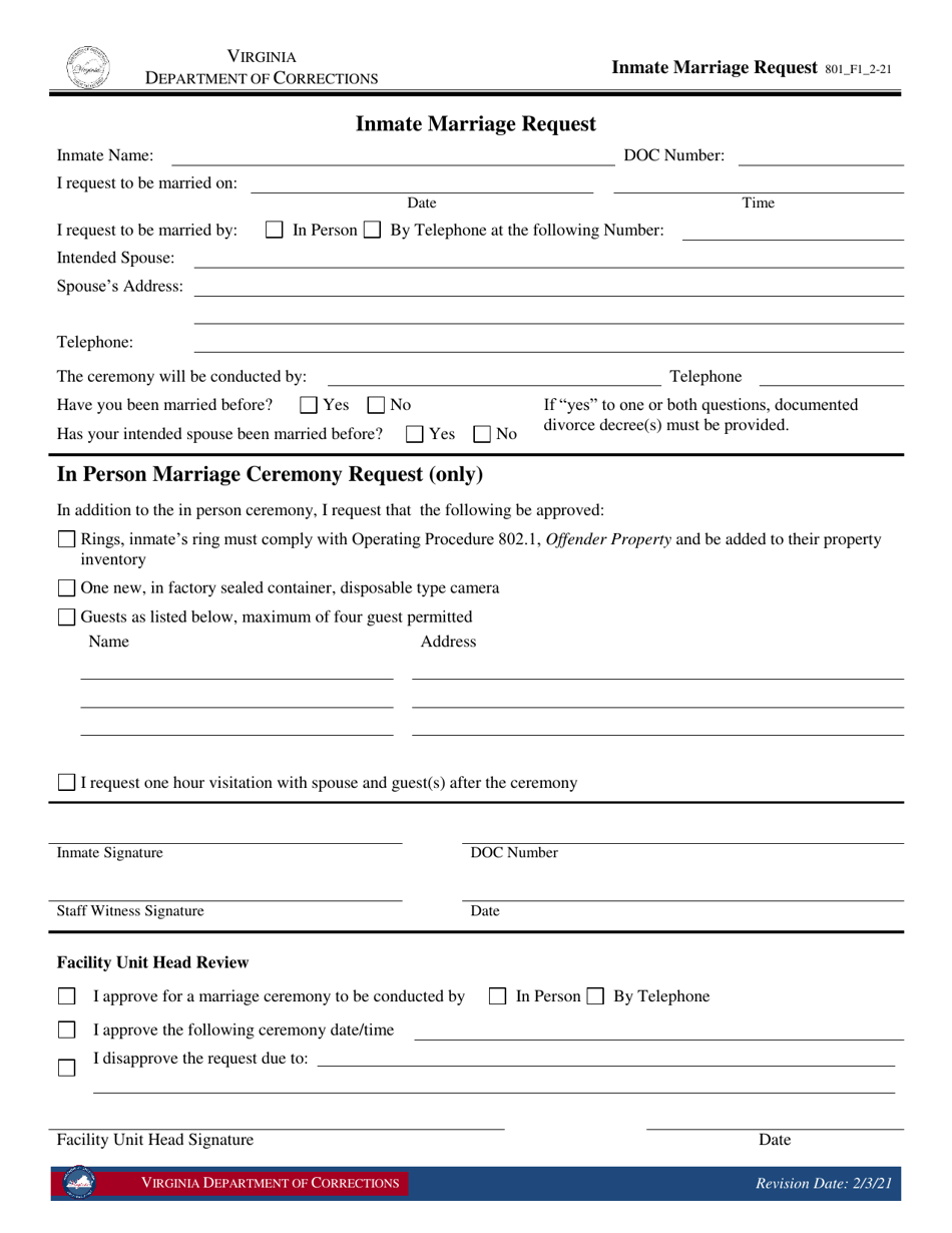 Form 1 Inmate Marriage Request - Virginia, Page 1
