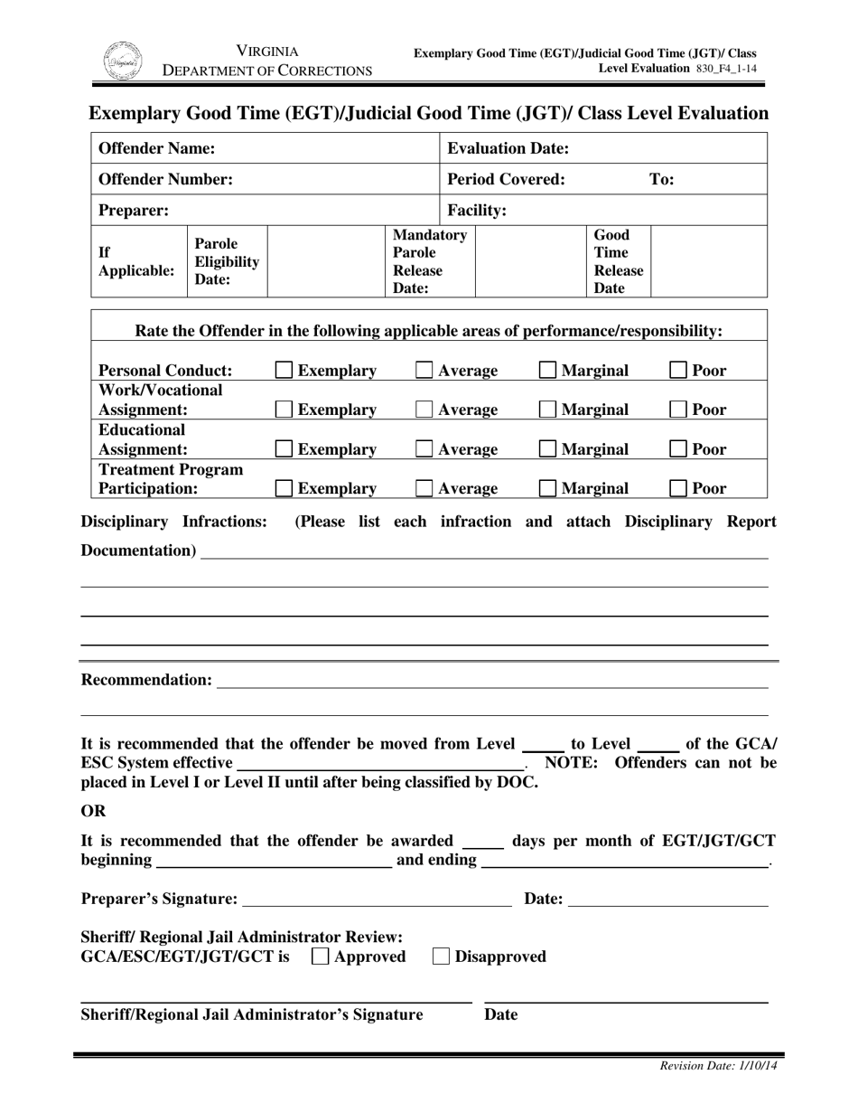 Form 4 Exemplary Good Time (Egt) / Judicial Good Time (Jgt) / Class Level Evaluation - Virginia, Page 1