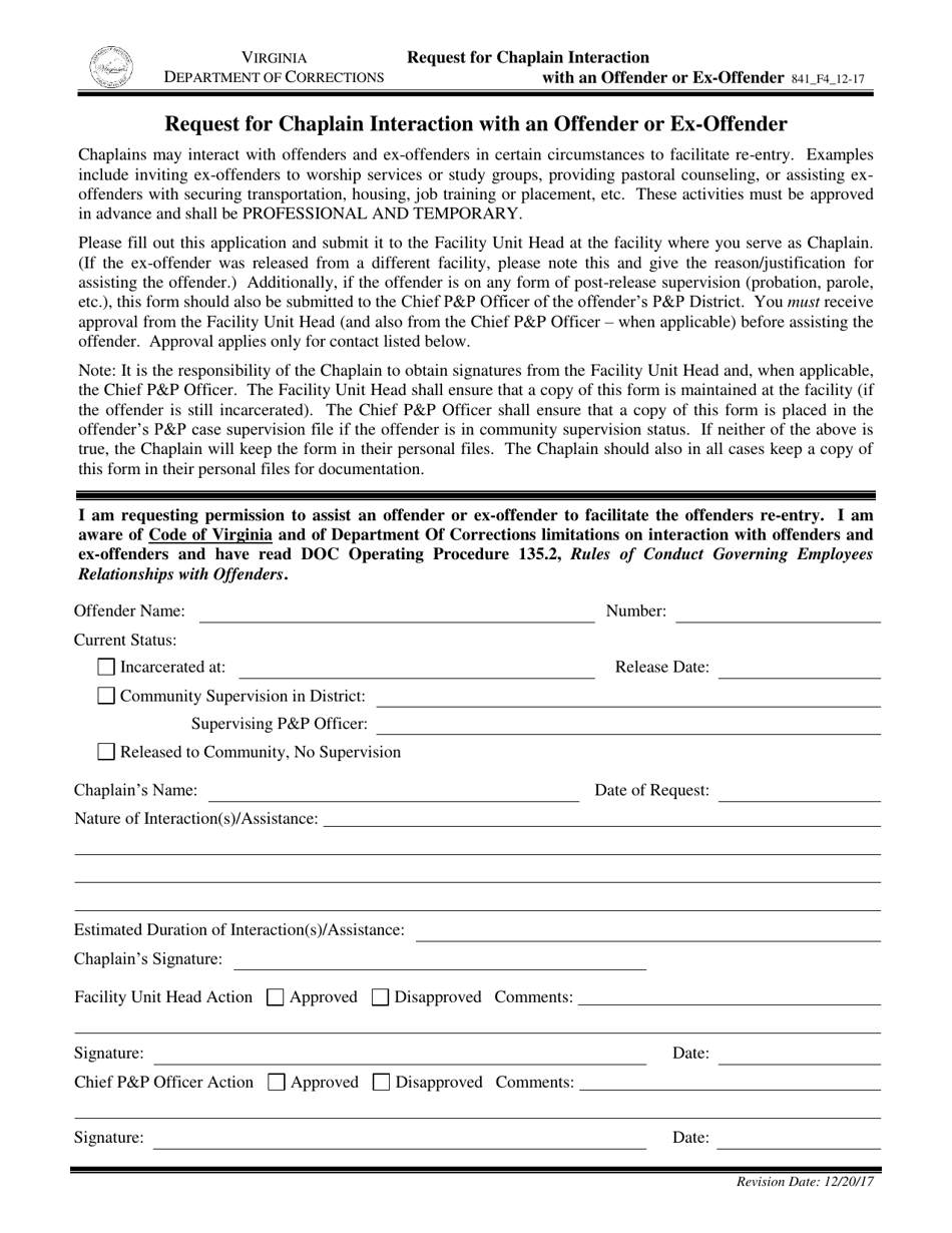 Form 4 Request for Chaplain Interaction With an Offender or Ex-offender - Virginia, Page 1