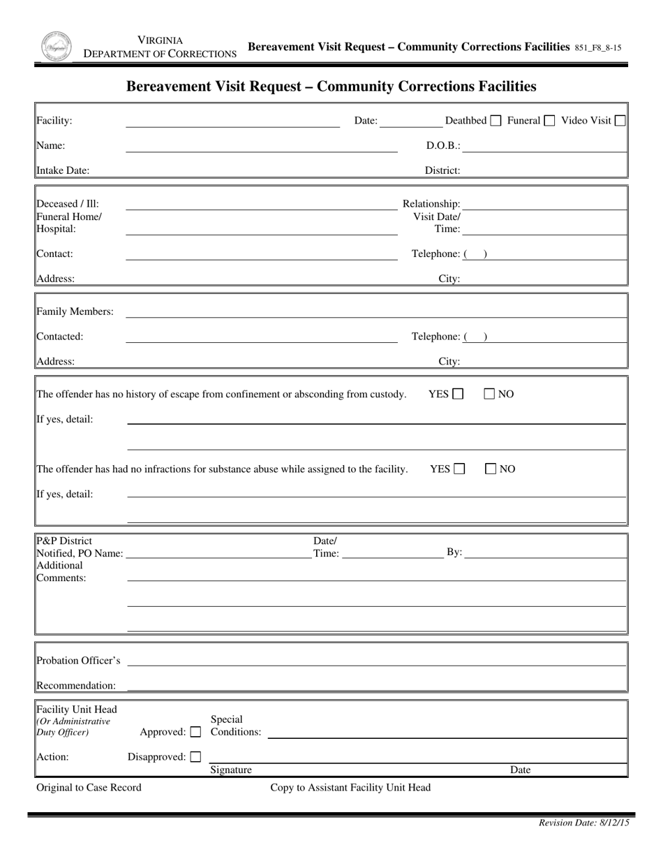 Form 8 Bereavement Visit Request - Community Corrections Facilities - Virginia, Page 1