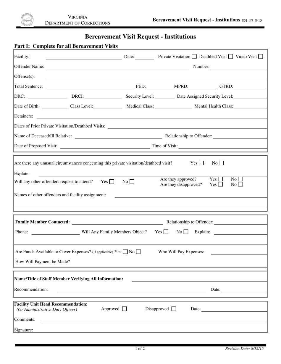 Form 7 Bereavement Visit Request - Institutions - Virginia, Page 1