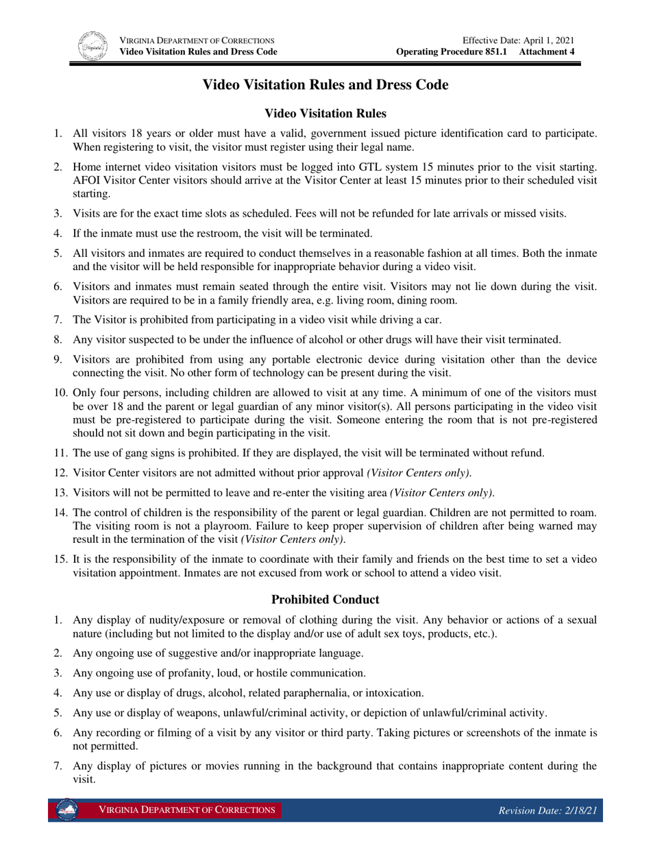 Attachment 4 Video Visitation Rules and Dress Code - Virginia, Page 1