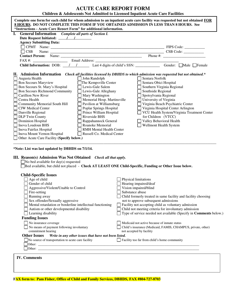 Virginia Acute Care Report Form - Fill Out, Sign Online and Download ...