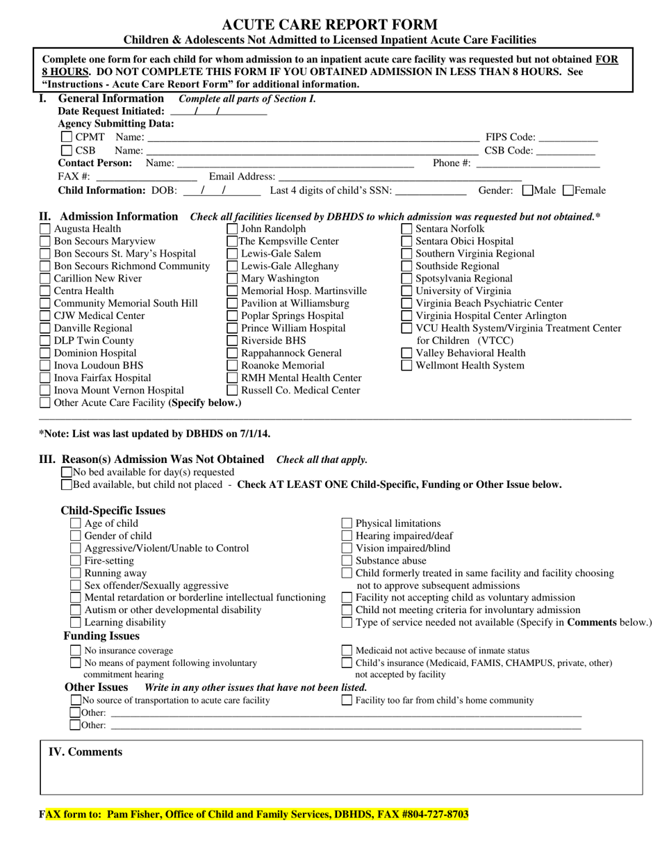 Acute Care Report Form - Virginia, Page 1