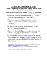 Document preview: Checklist for Completion of Forms - Children & Adolescents Not Admitted to Licensed Inpatient Acute Care or Residential Treatment Facilities - Virginia