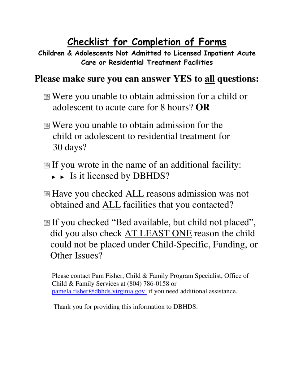 Checklist for Completion of Forms - Children  Adolescents Not Admitted to Licensed Inpatient Acute Care or Residential Treatment Facilities - Virginia, Page 1