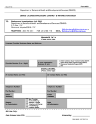 Document preview: Form 001 Dbhds' Licensed Providers Contact & Information Sheet - Virginia