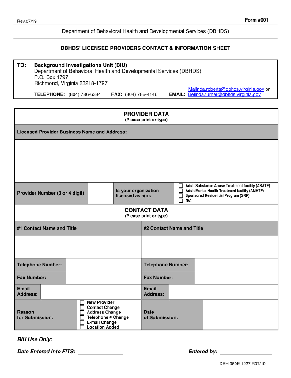 Form 001 Dbhds Licensed Providers Contact  Information Sheet - Virginia, Page 1
