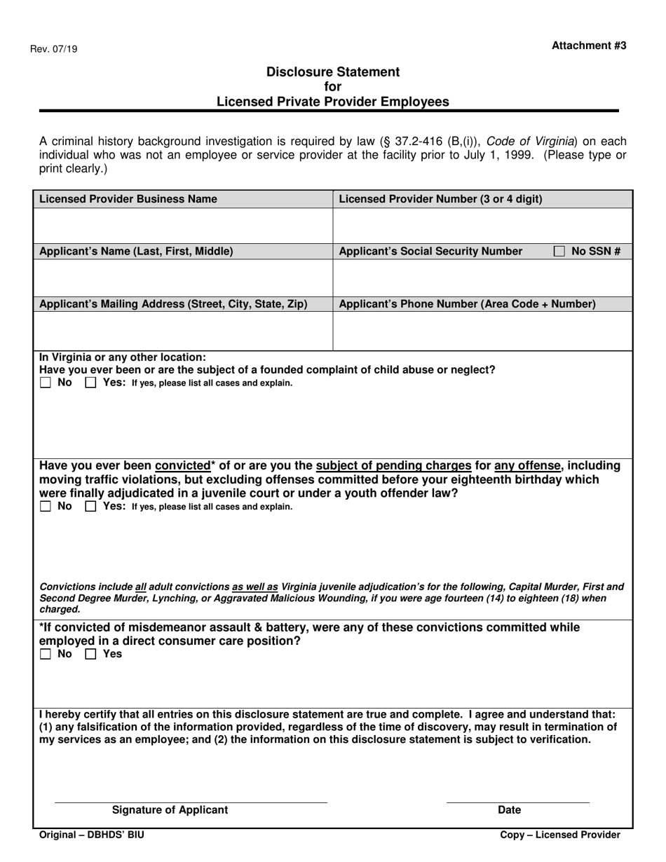 Attachment 3 Disclosure Statement for Licensed Private Provider Employees - Virginia, Page 1