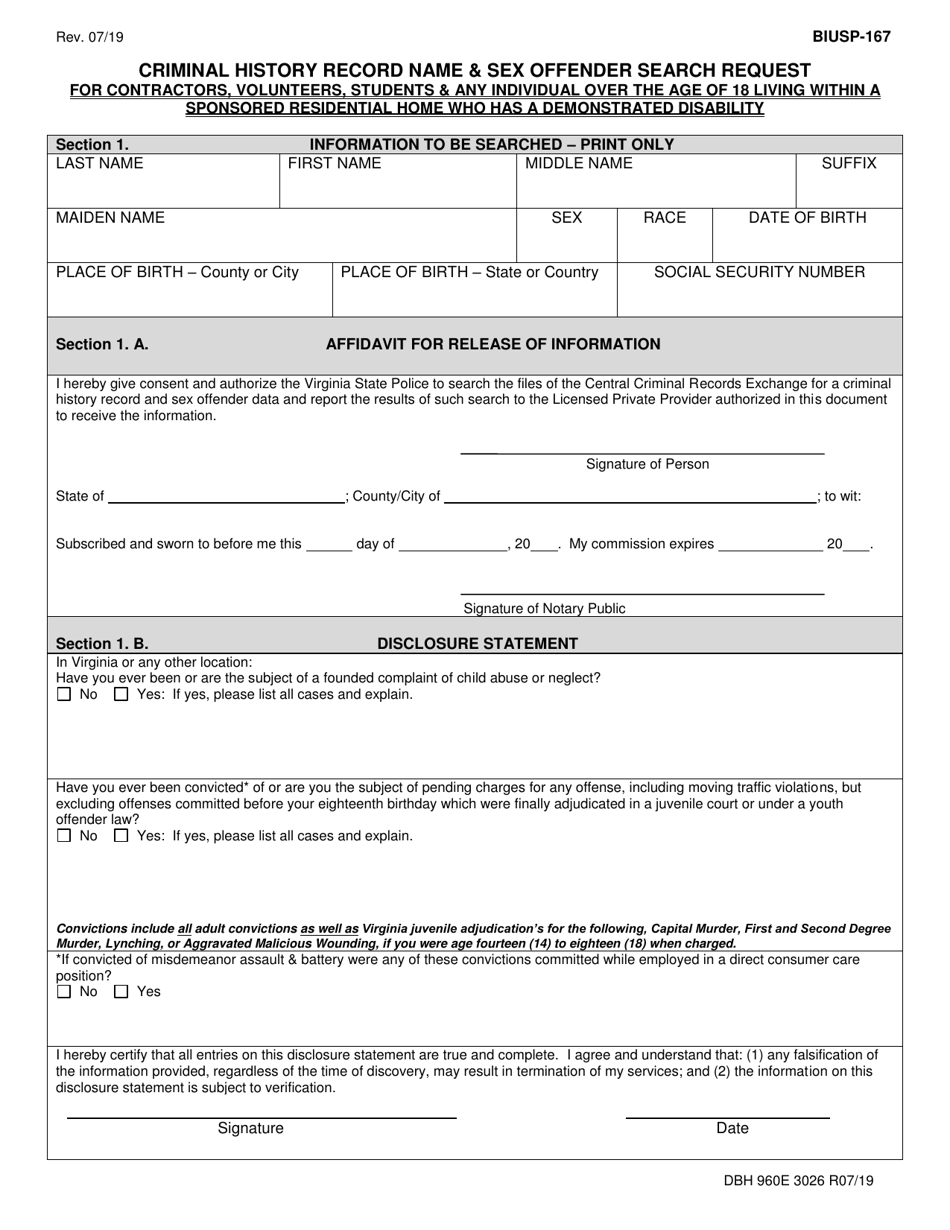 Form BIUSP-167 Criminal History Record Name  Sex Offender Search Request - Virginia, Page 2