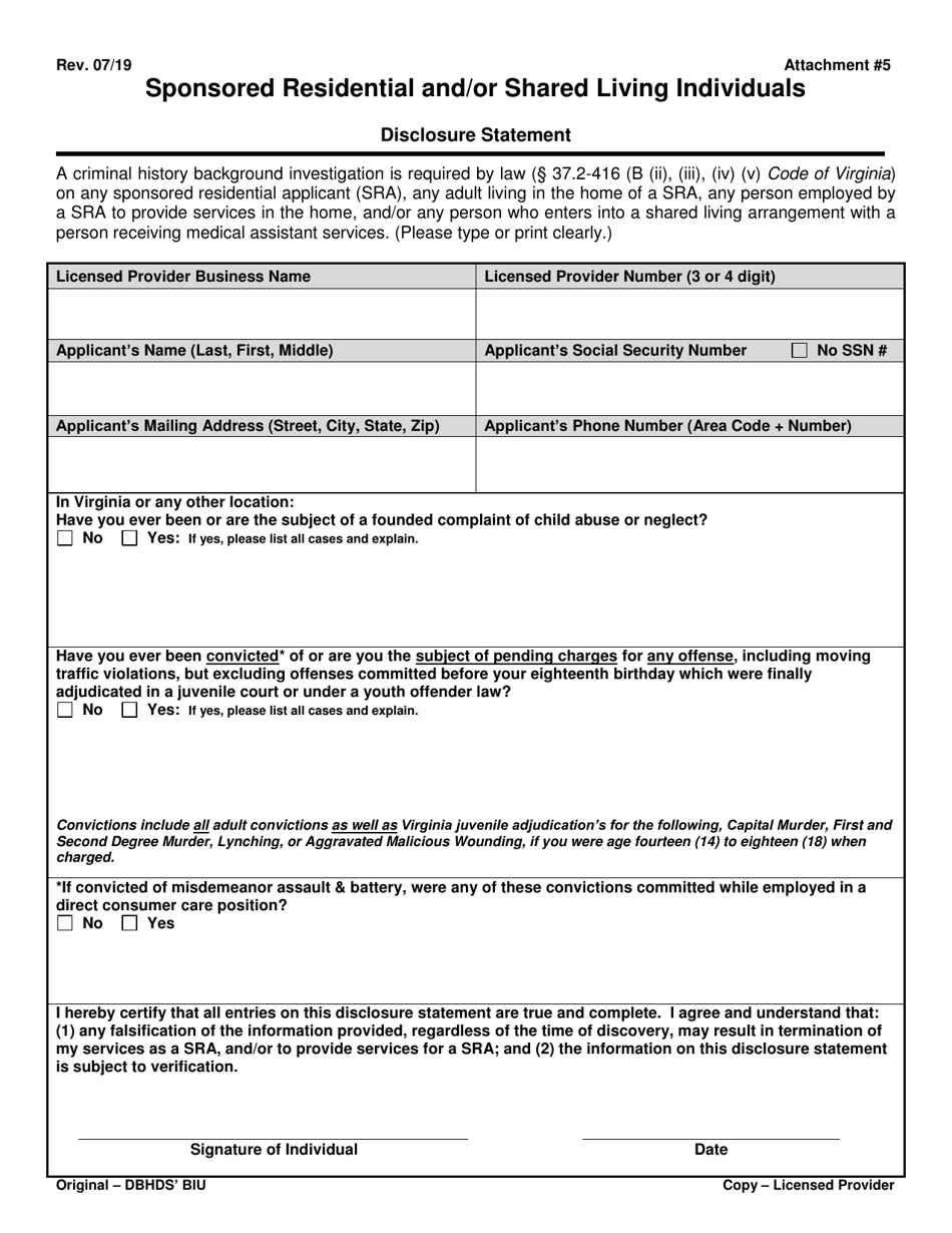 Attachment 5 Sponsored Residential and / or Shared Living Individuals Disclosure Statement - Virginia, Page 1