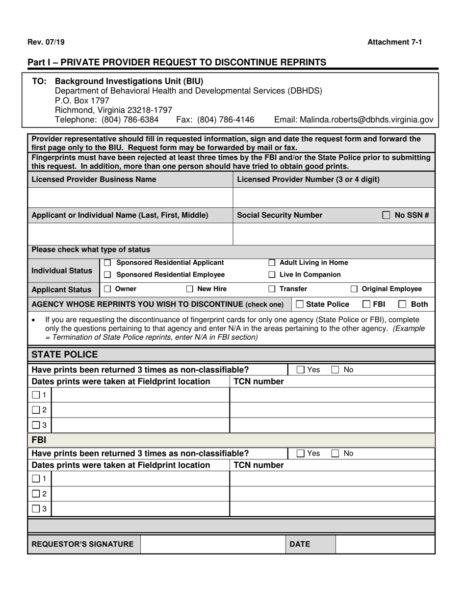 Attachment 7-1 Part I - Private Provider Request to Discontinue Reprints - Virginia, Page 1