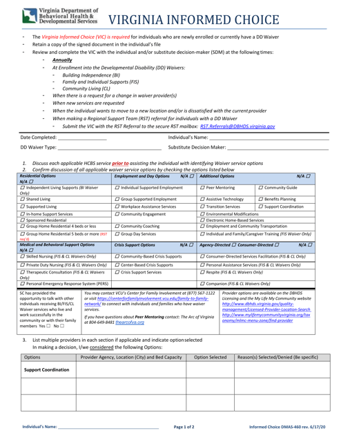 Form DMAS-460 Virginia Informed Choice - Virginia