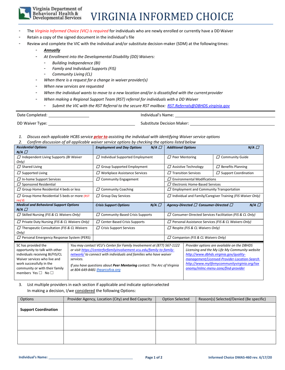 Form DMAS460 Fill Out, Sign Online and Download Printable PDF