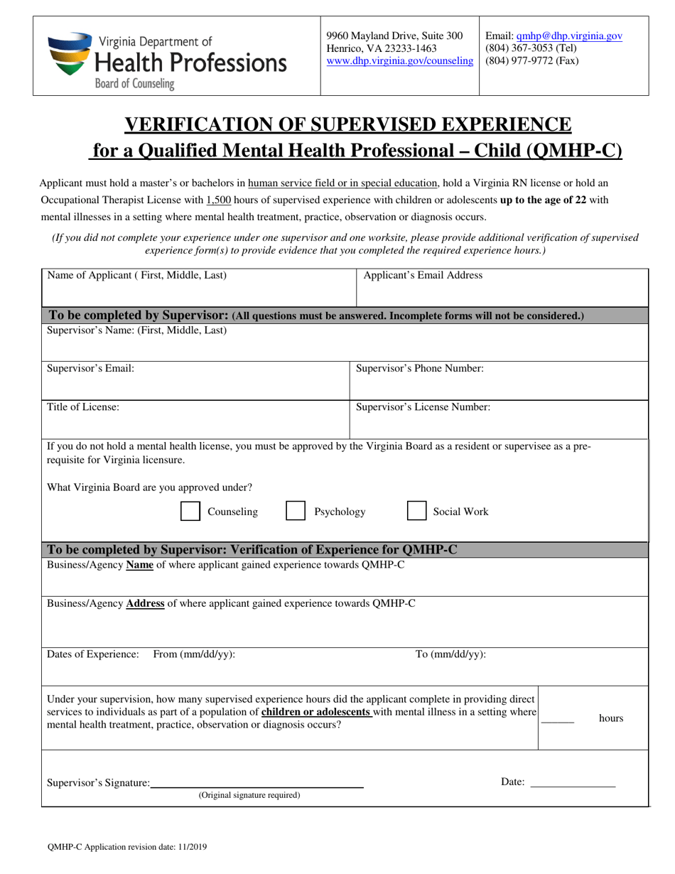 Verification of Supervised Experience for a Qualified Mental Health Professional - Child (Qmhp-C) - Virginia, Page 1