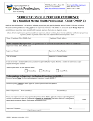 Document preview: Verification of Supervised Experience for a Qualified Mental Health Professional - Child (Qmhp-C) - Virginia
