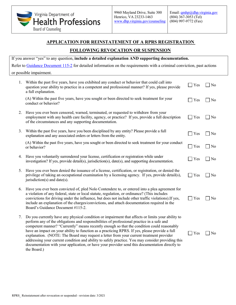 Application for Reinstatement of a Rprs Registration Following Revocation or Suspension - Virginia, Page 3