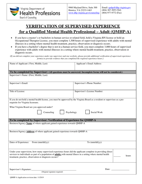 Verification of Supervised Experience for a Qualified Mental Health Professional - Adult (Qmhp-A) - Virginia Download Pdf