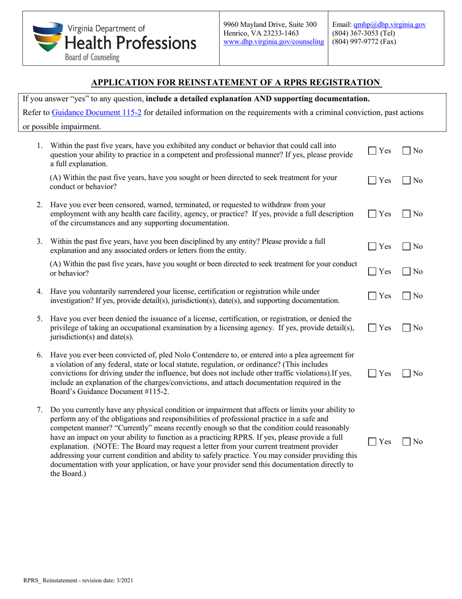 Application for Reinstatement of a Rprs Registration - Virginia, Page 3