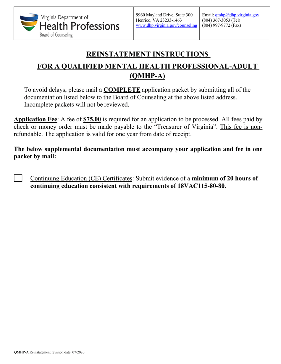 Reinstatement - Qualified Mental Health Professional - Adult (Qmhp-A) - Virginia, Page 1