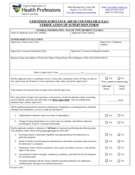 Document preview: Certified Substance Abuse Counselor (Csac) Verification of Supervision Form - Virginia
