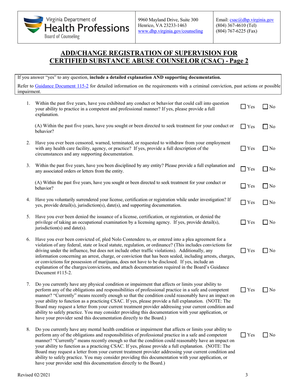 Add / Change Registration of Supervision for Certified Substance Abuse Counselor (Csac) - Virginia, Page 3