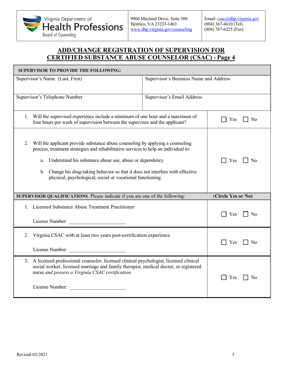 Add / Change Registration of Supervision for Certified Substance Abuse Counselor (Csac) - Virginia, Page 5