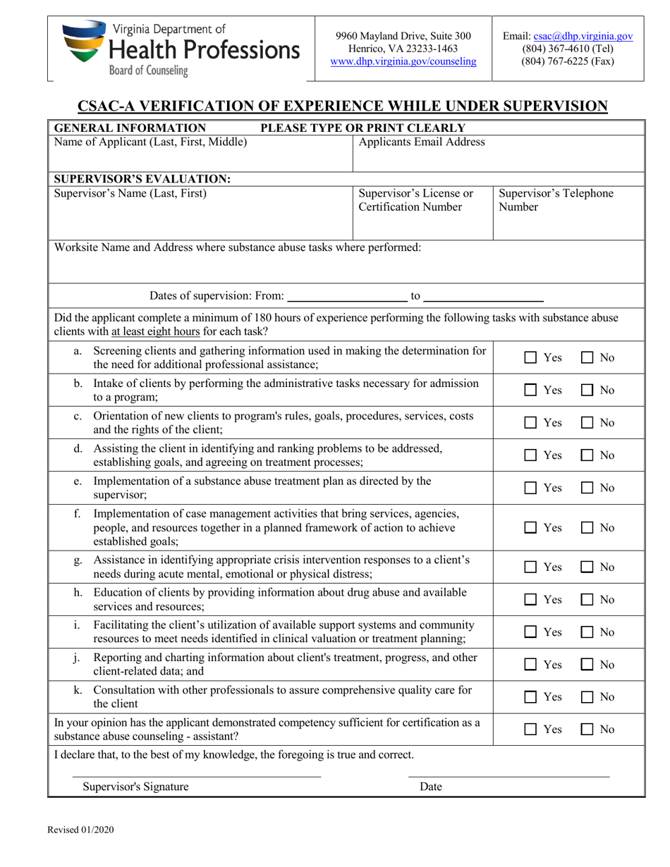 Csac-A Verification of Experience While Under Supervision - Virginia, Page 1