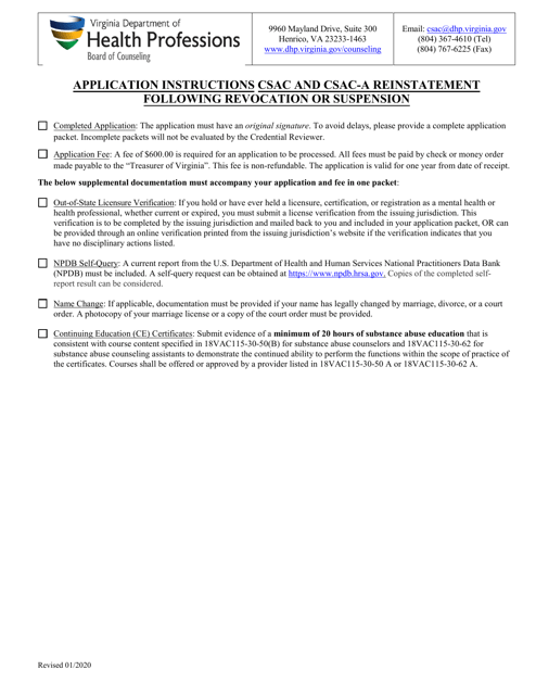 Csac and Csac-A Reinstatement Following Revocation or Suspension - Virginia Download Pdf