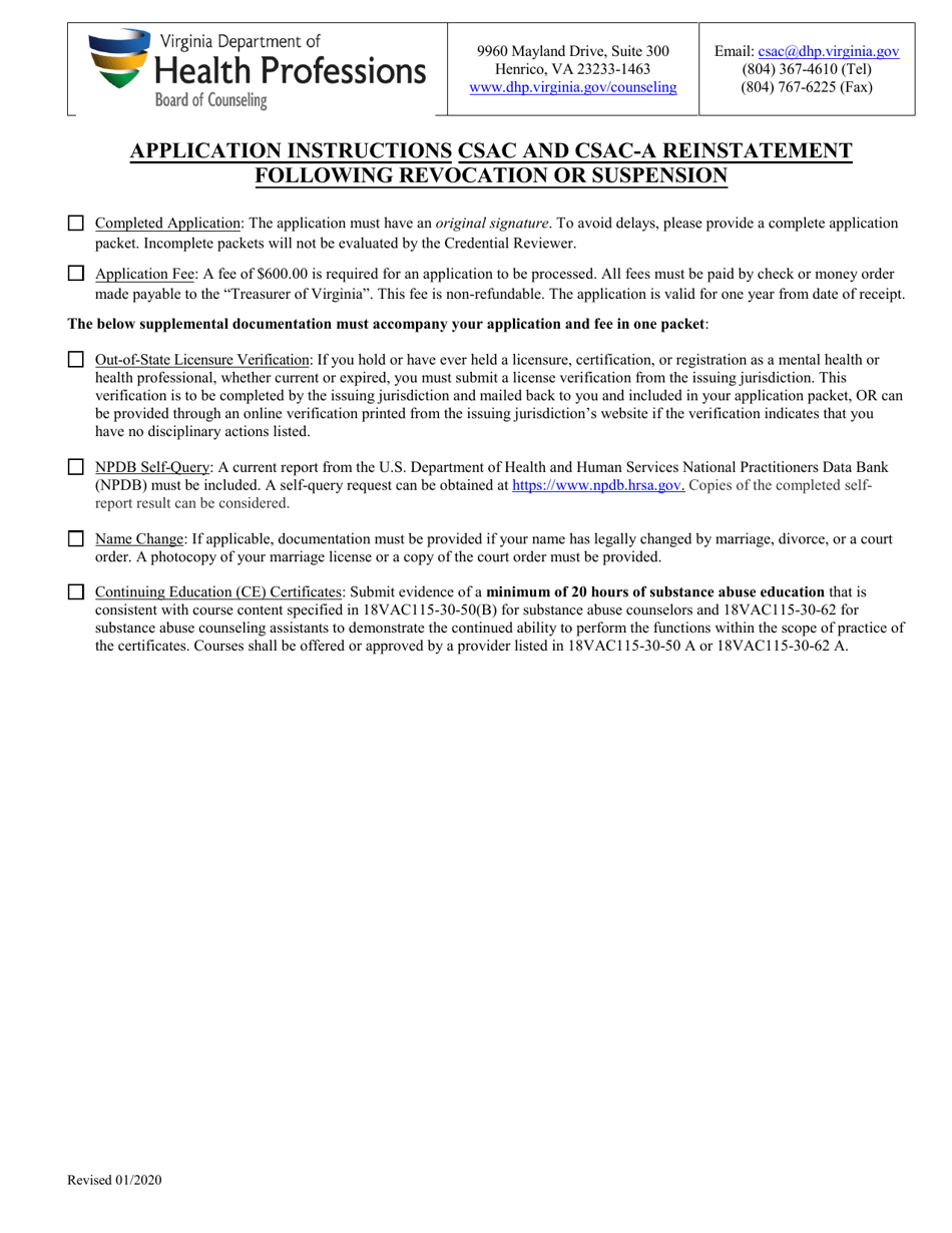 Csac and Csac-A Reinstatement Following Revocation or Suspension - Virginia, Page 1