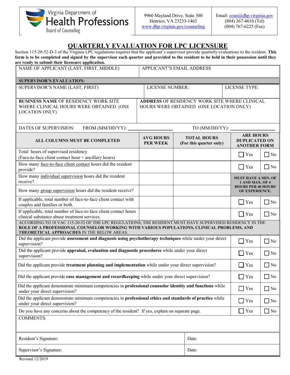 Virginia Quarterly Evaluation for Lpc Licensure - Fill Out, Sign Online ...