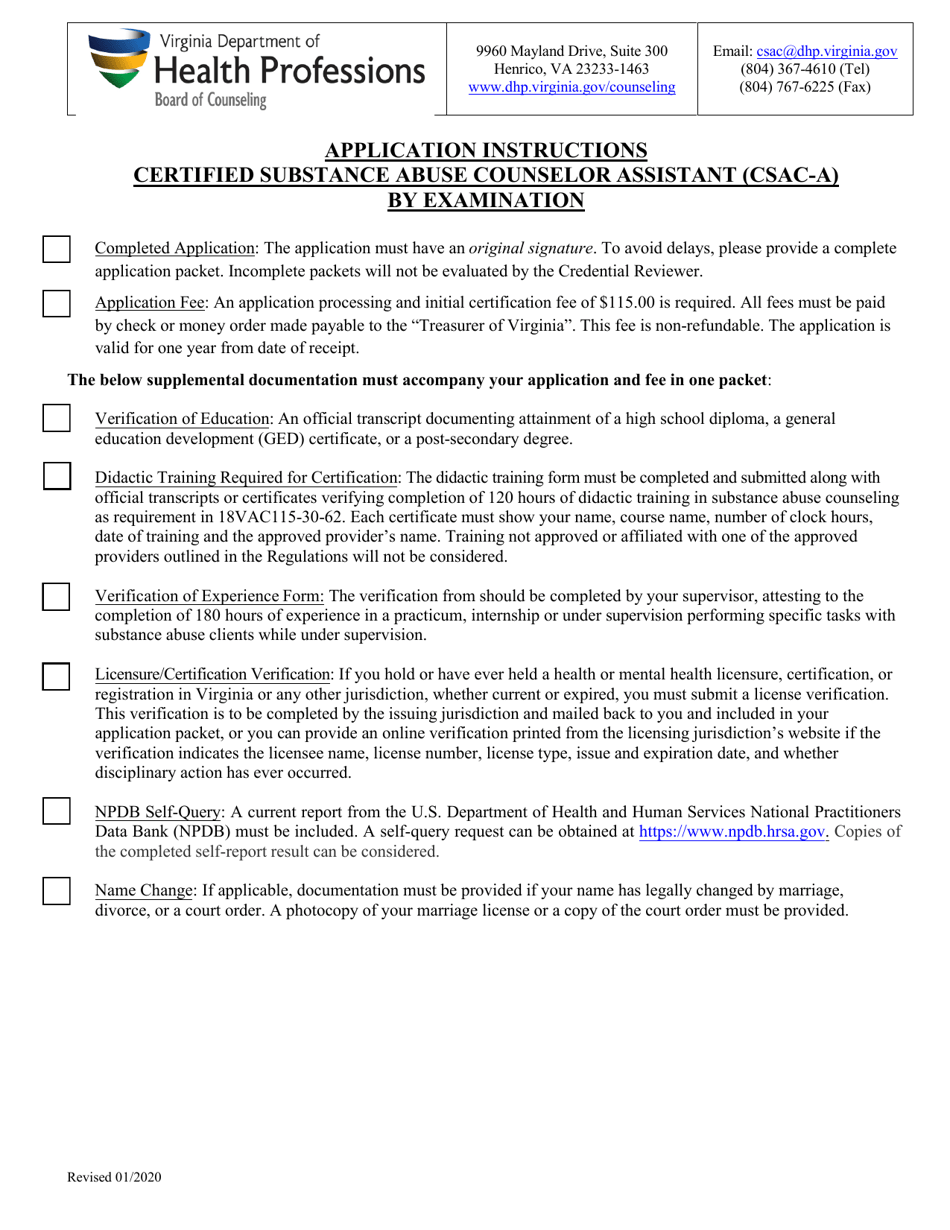 Application for Certified Substance Abuse Counselor Assistant (Csac-A) by Examination - Virginia, Page 1
