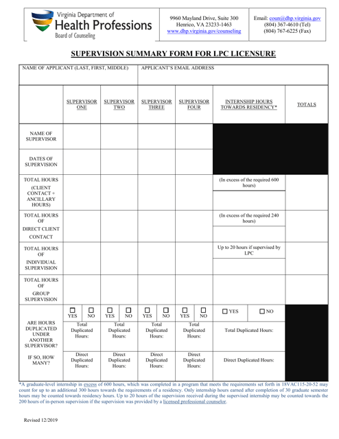 Supervision Summary Form for Lpc Licensure - Virginia Download Pdf