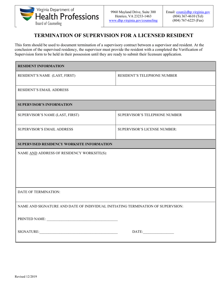 Termination of Supervision for a Licensed Resident - Virginia, Page 1