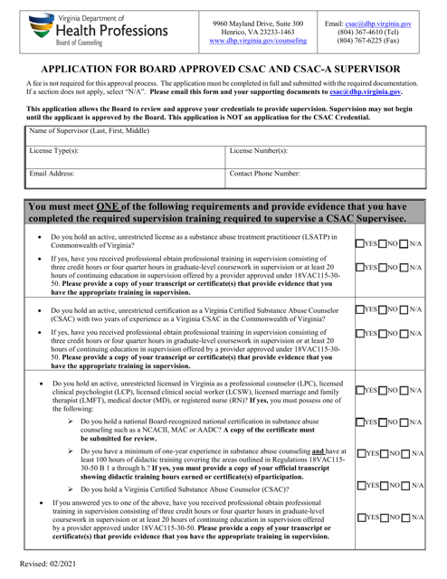 Application for Board Approved Csac and Csac-A Supervisor - Virginia Download Pdf