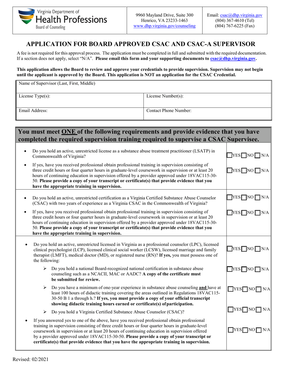 Application for Board Approved Csac and Csac-A Supervisor - Virginia, Page 1