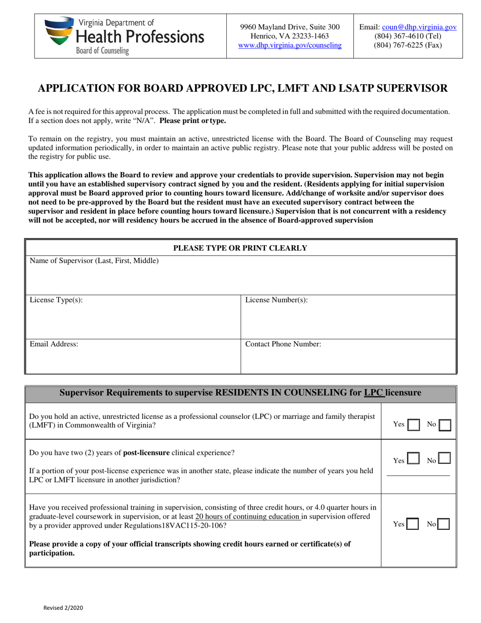 Application for Board Approved Lpc, Lmft and Lsatp Supervisor - Virginia, Page 1