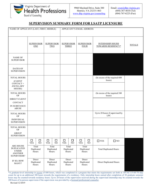 Supervision Summary Form for Lsatp Licensure - Virginia