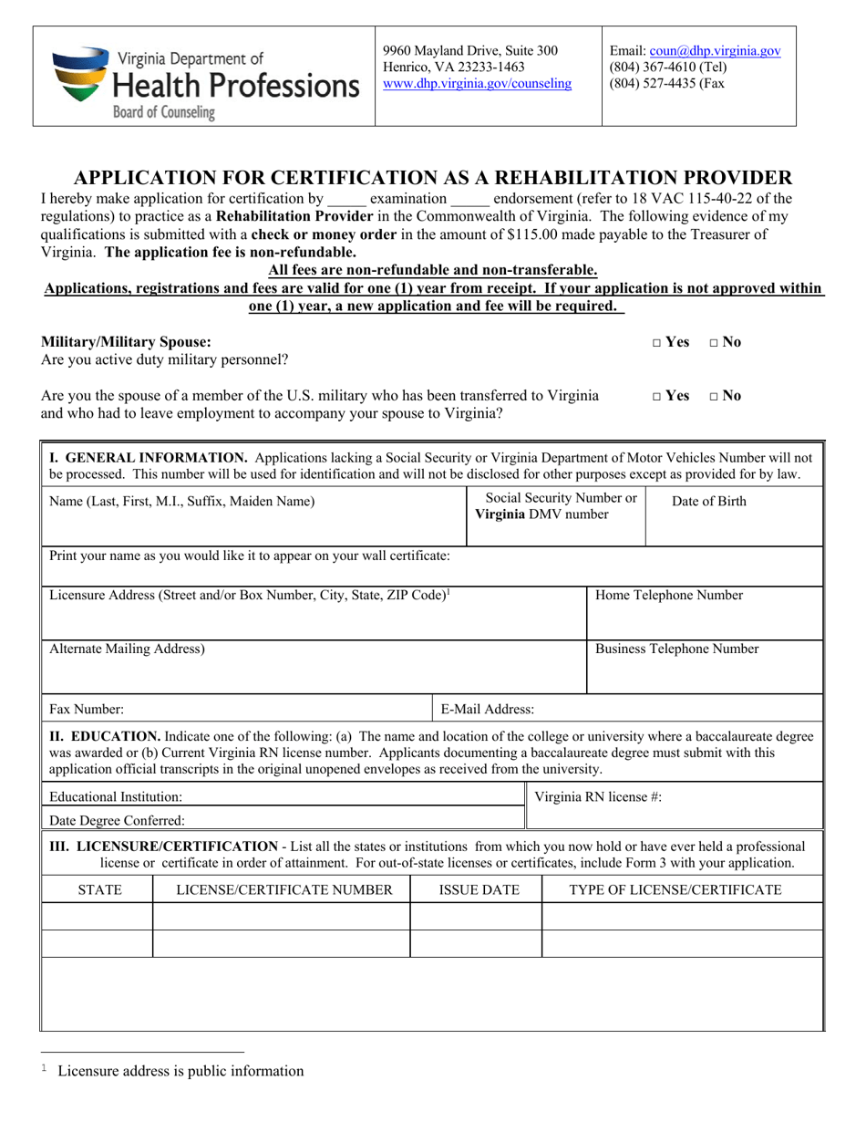 Application for Certification as a Rehabilitation Provider - Virginia, Page 1