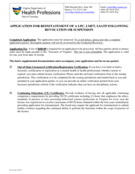 Document preview: Application for Reinstatement of a Lpc, Lmft, Lsatp Following Revocation or Suspension - Virginia