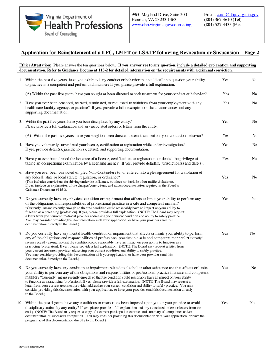 Application for Reinstatement of a Lpc, Lmft, Lsatp Following Revocation or Suspension - Virginia, Page 3