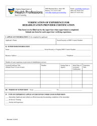 Verification of Experience for Rehabilitation Provider Certification - Virginia