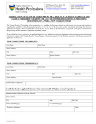 Document preview: Verification of Clinical Independent Practice as a Licensed Marriage and Family Therapist for 24 of the Last 60 Months Immediately Preceding Submission of Application for Licensure - Virginia