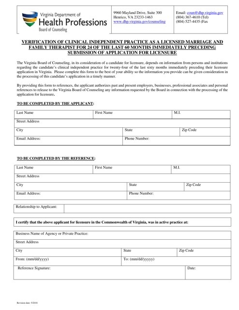 Verification of Clinical Independent Practice as a Licensed Marriage and Family Therapist for 24 of the Last 60 Months Immediately Preceding Submission of Application for Licensure - Virginia Download Pdf